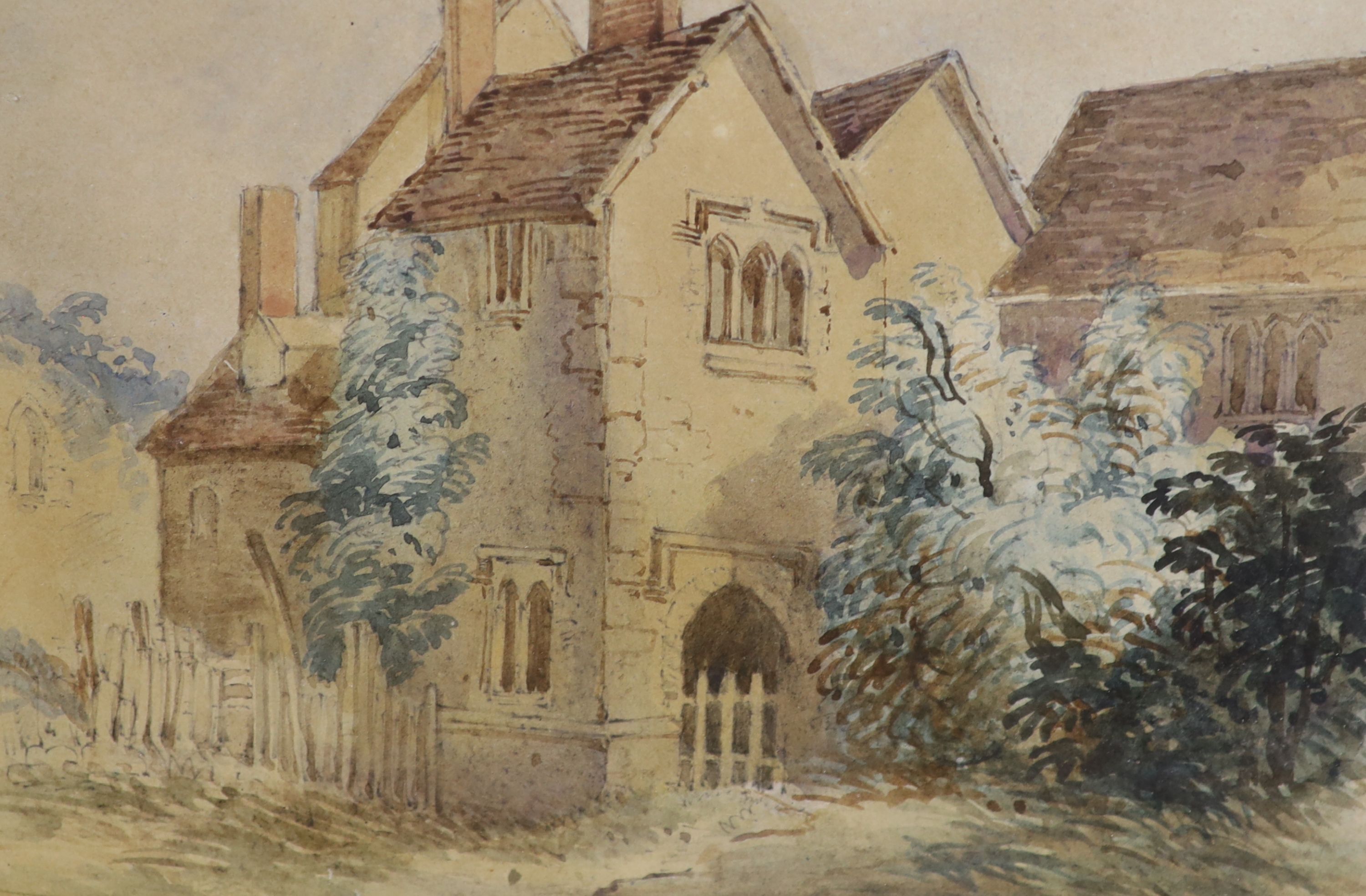 B.A. Richmond, oil on canvas, 17th century style Dutch river landscape, 30 x 60cm, an oil of a riverside church, c.1900 and a small watercolour of a cottage